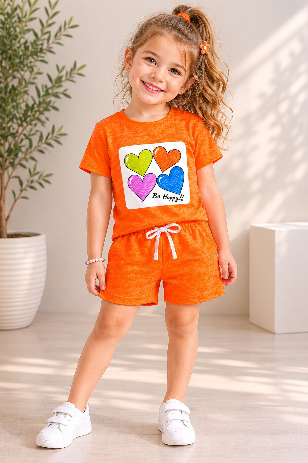 Girls Be Happy Shorts Orange Co-Ord Set [GCS-8410] (4-12 Years)