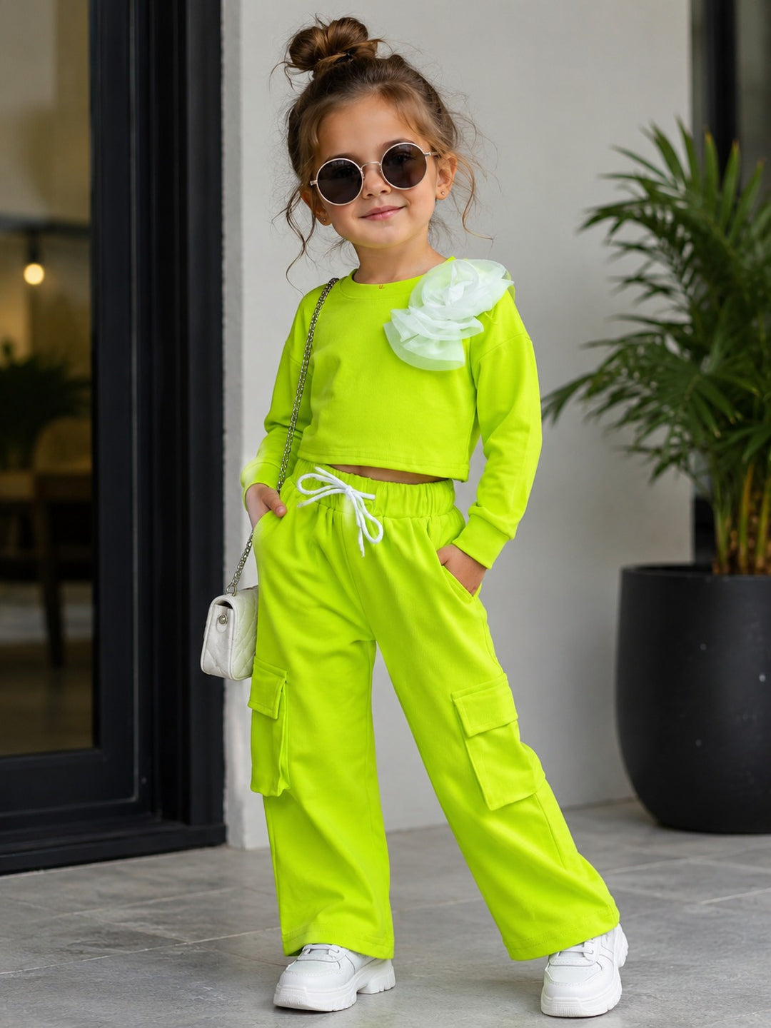 Girls Casual Flower Neon Green Co-Ord Set [GCS-2344] 4-12 Years)