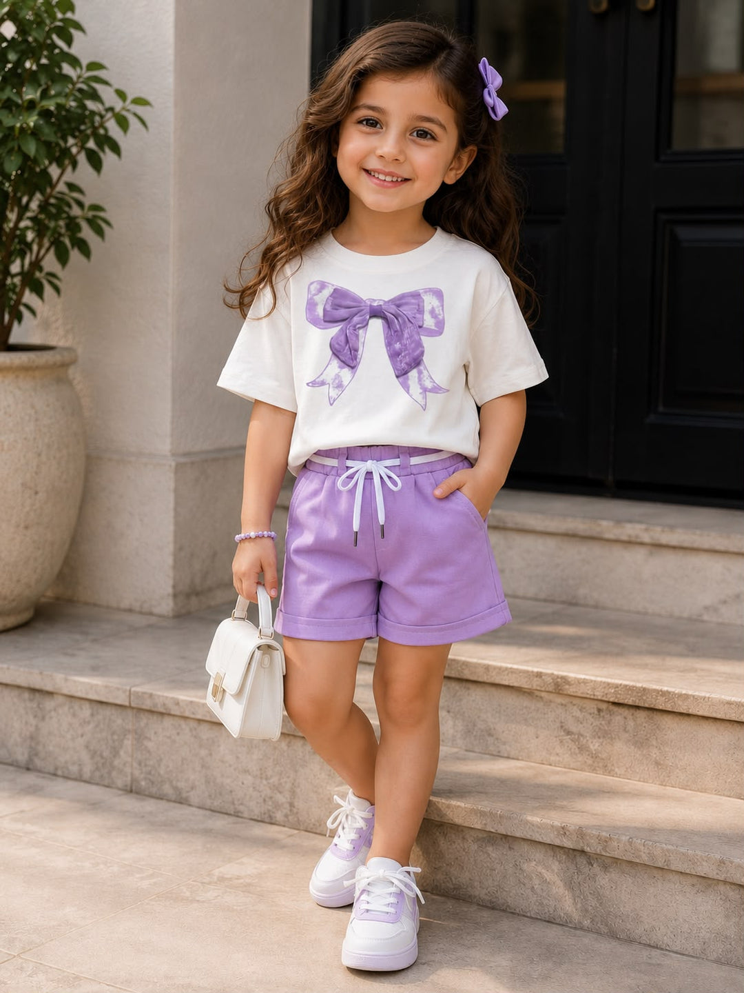 Girl's Lavender Bow Co-Ord Set [GCS-5156](3-9Years)