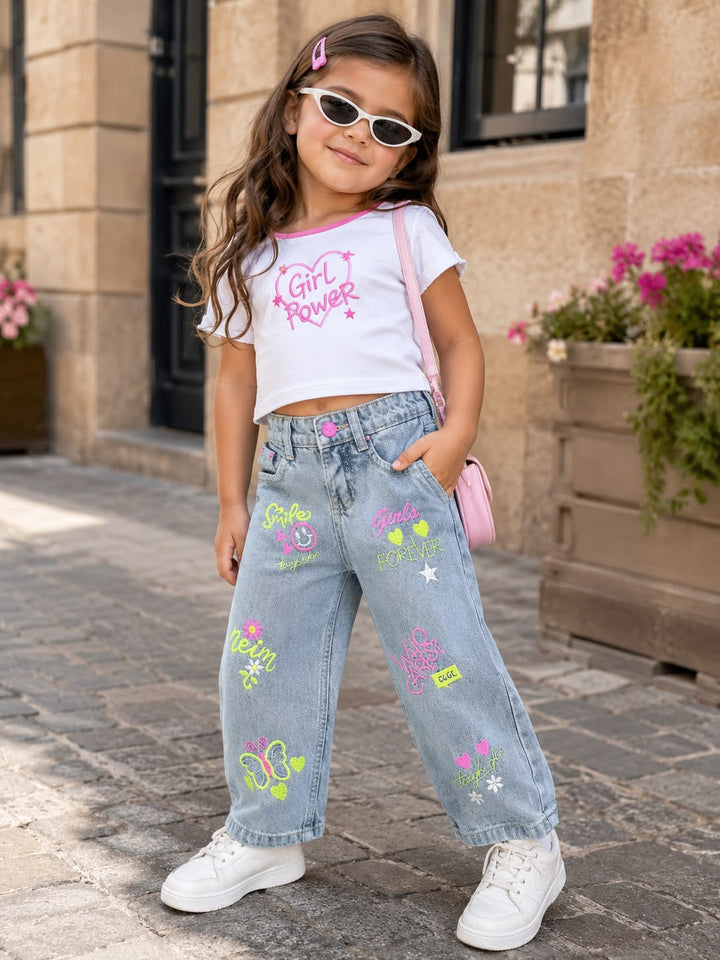 Girls Embroided Wide Leg Denim Jeans (Only Jeans) [GJ-1980] (1-12Years)