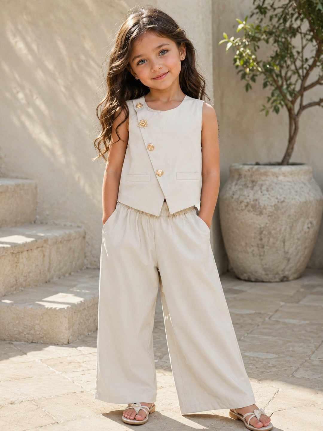 Girls Imported Beige Waist Coat Co-Ord Set [GCS-8411] (4-12Years)