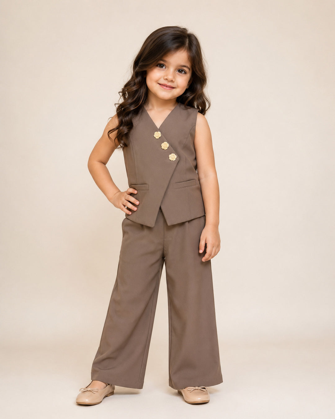 Girls Imported Brown Waist Coat Co-Ord Set [GCS-8181] (4-12Years)
