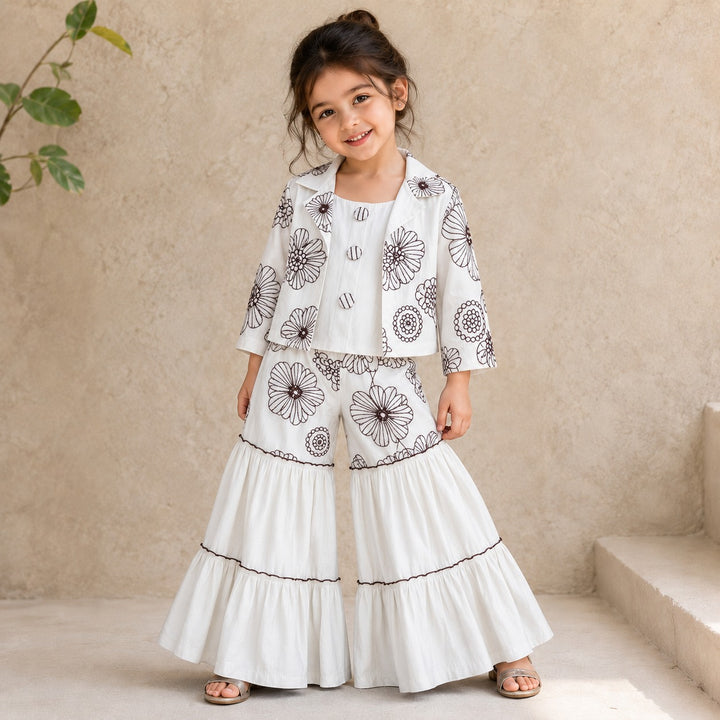 GIRLS EMBROIDED 3 PIECE WHITE CO-ORD SET [GD-4159] (4-12 Years)