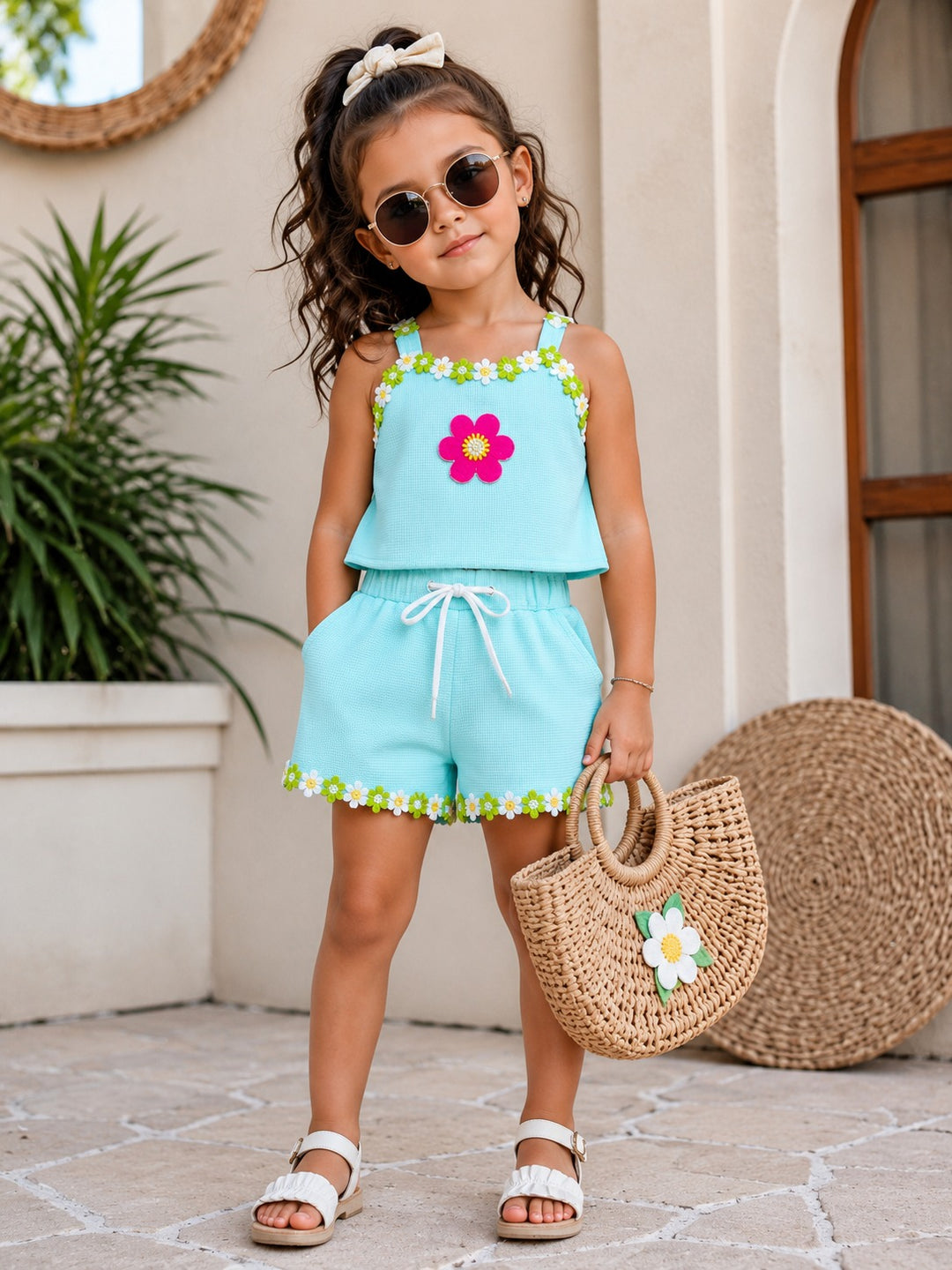 Girls Casual Sky Blue Flower Co-Ord Set [GCS-8541] (3-10 Years)