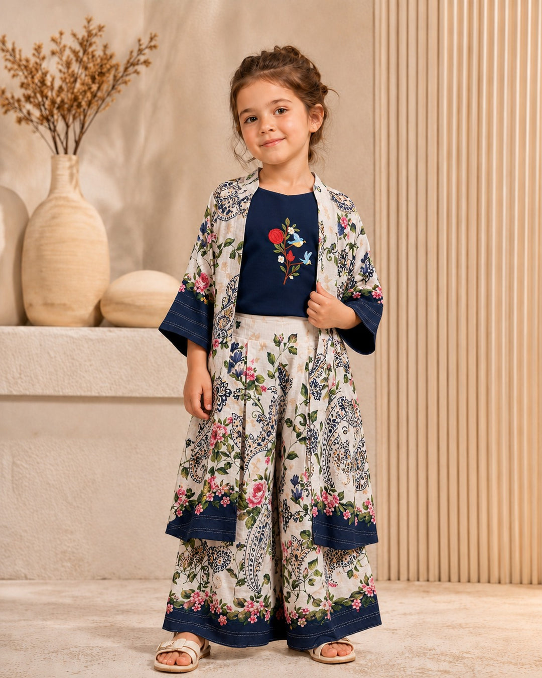 Girl's 3 Piece Printed Blue Co-Ord Set [GCS-7851] (4-12 Years)