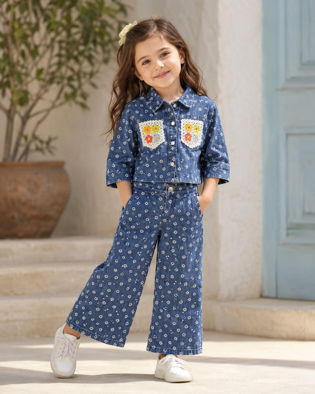 Girl's Flower Medium Blue Denim Co-Ord Set [GCS-4456](4-12 Years)