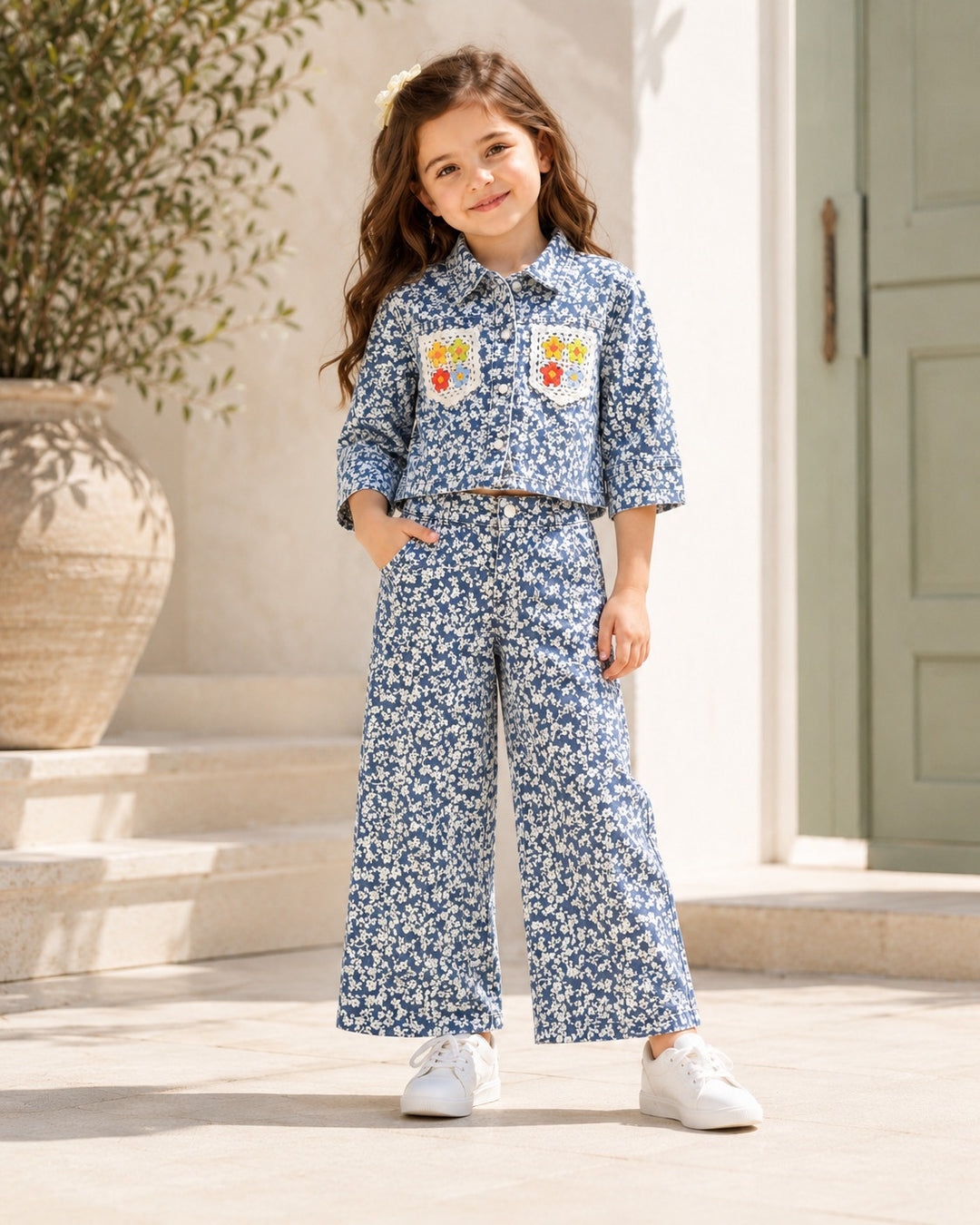 Girl's Flower Light Blue Denim Co-Ord Set [GCS-7788](4-12 Years)