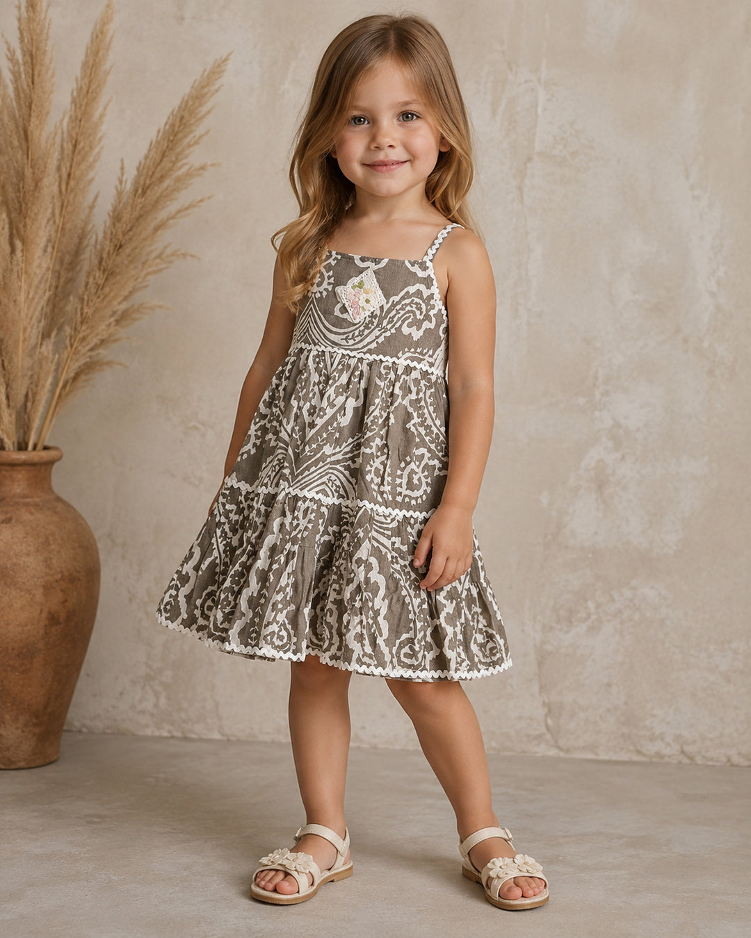 Girls Summer Cotton Printed Light Brown Dress [GD-7586] (1-12Years)