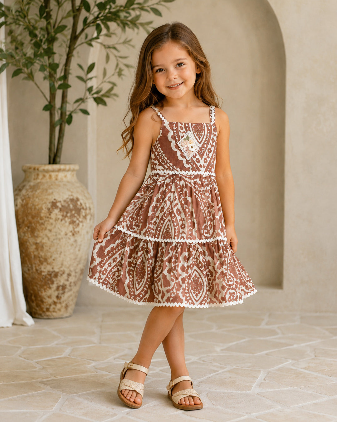 Girls Summer Cotton Printed Rust Dress [GD-4812] (1-12Years)