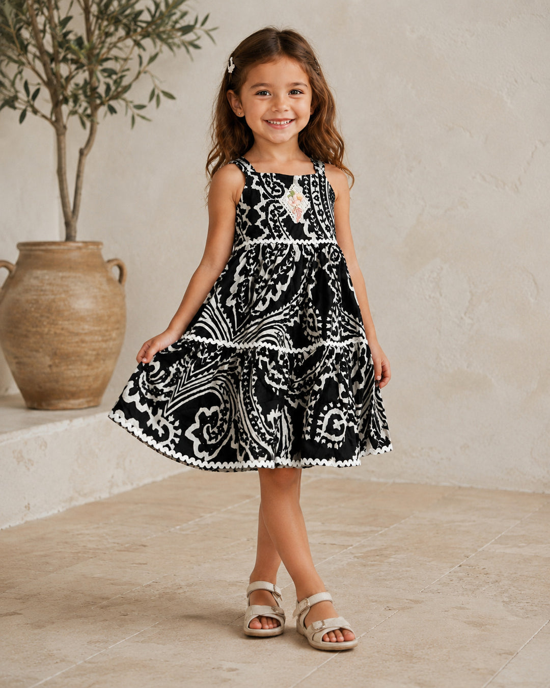 Girls Summer Cotton Printed Black Dress [GD-1212] (1-12Years)