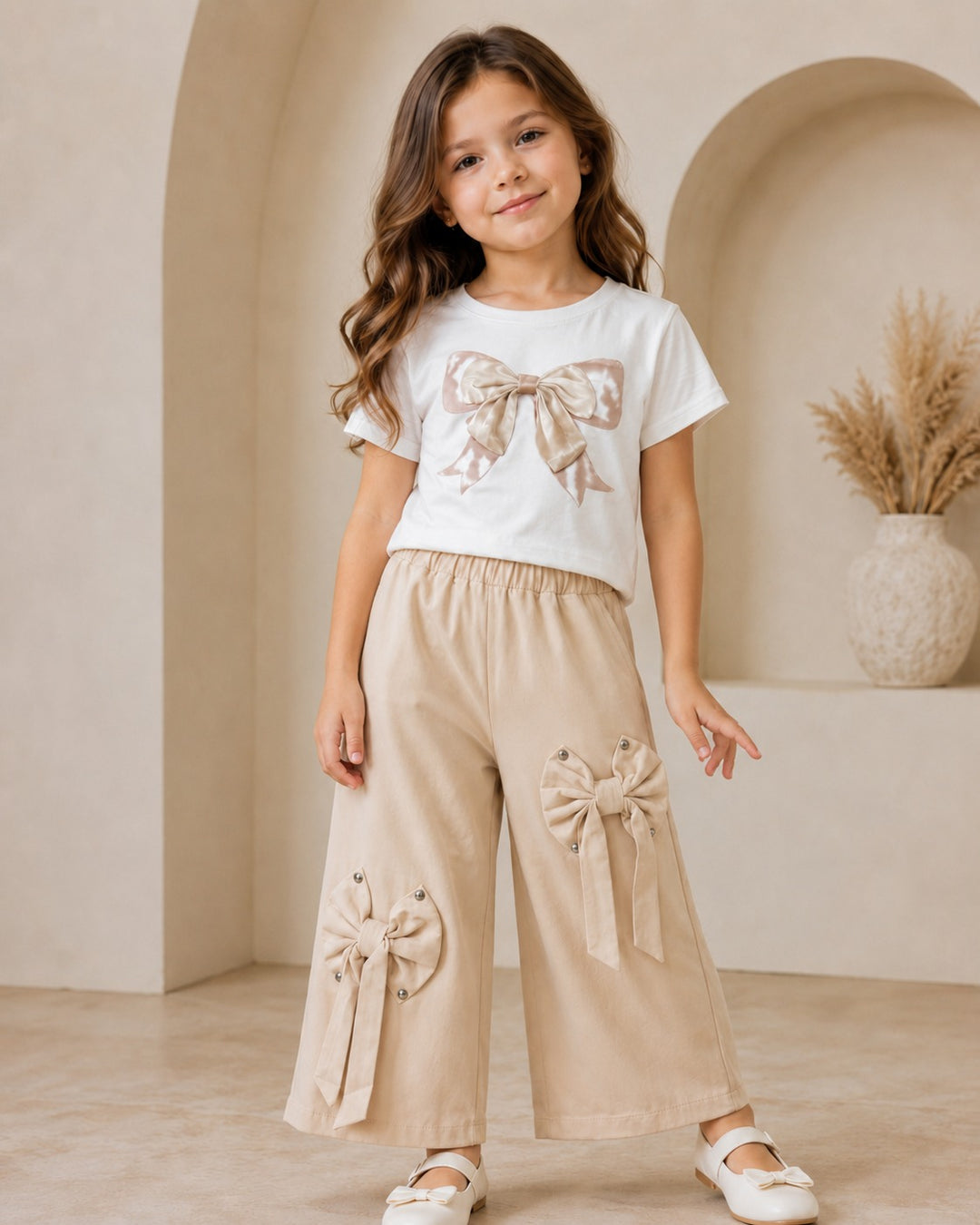 Girl's Beige Bow Co-Ord Set  [GCS-6E-1401] (4-12 Years)
