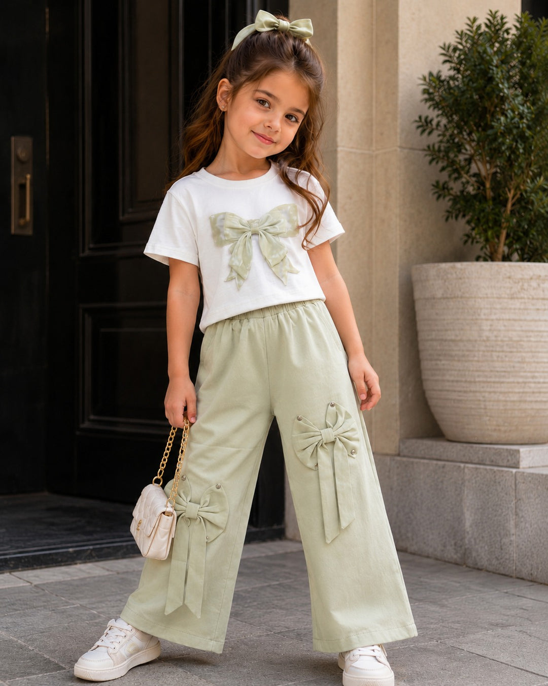 Girl's Sage Green Bow Co-Ord Set  [GCS-6E-3321] (4-12 Years)