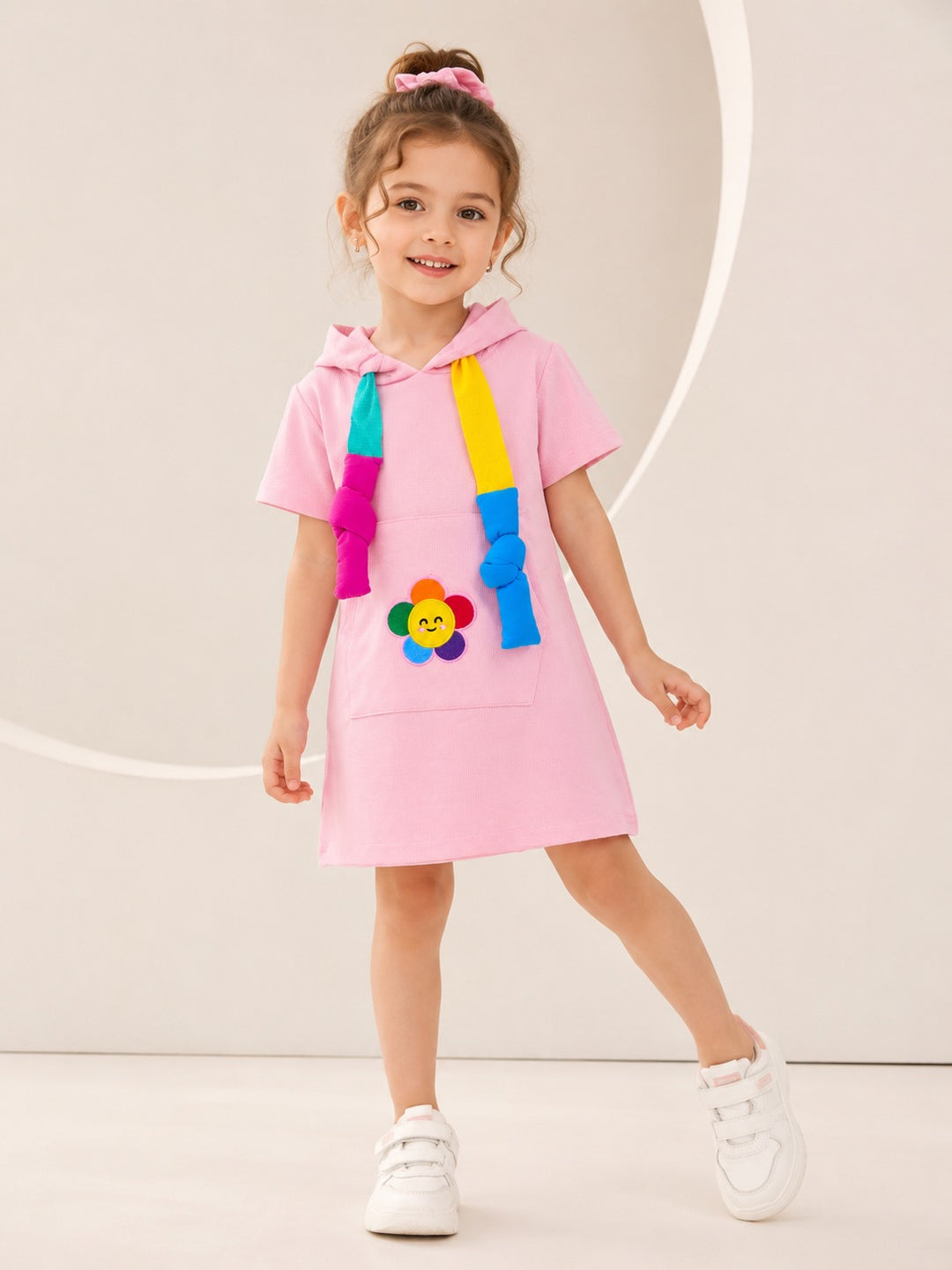 Girls Peach Happy Bloom Hoodie Dress [GD-4369] (3-11 Years)