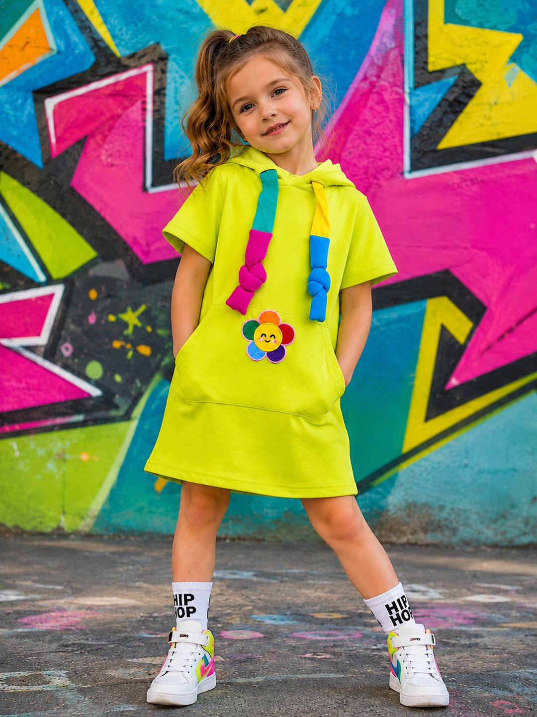 Girls Neon Green Happy Bloom Hoodie Dress [GD-3698] (3-11 Years)