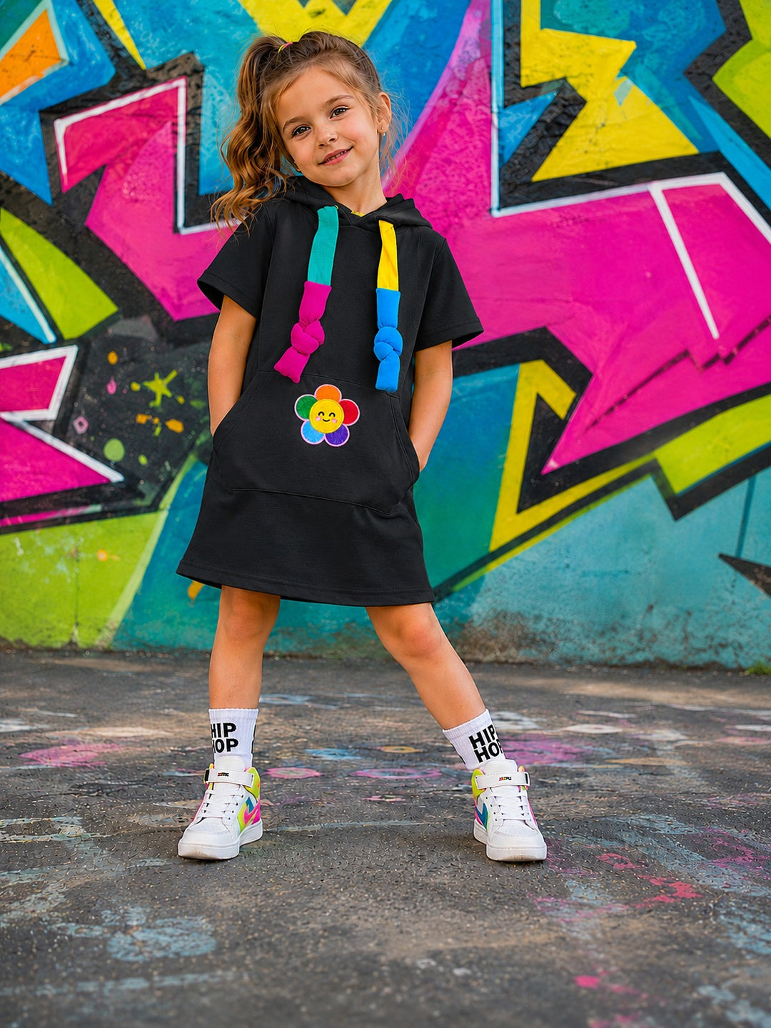 Girls Black Happy Bloom Hoodie Dress [GD-5885] (3-11 Years)