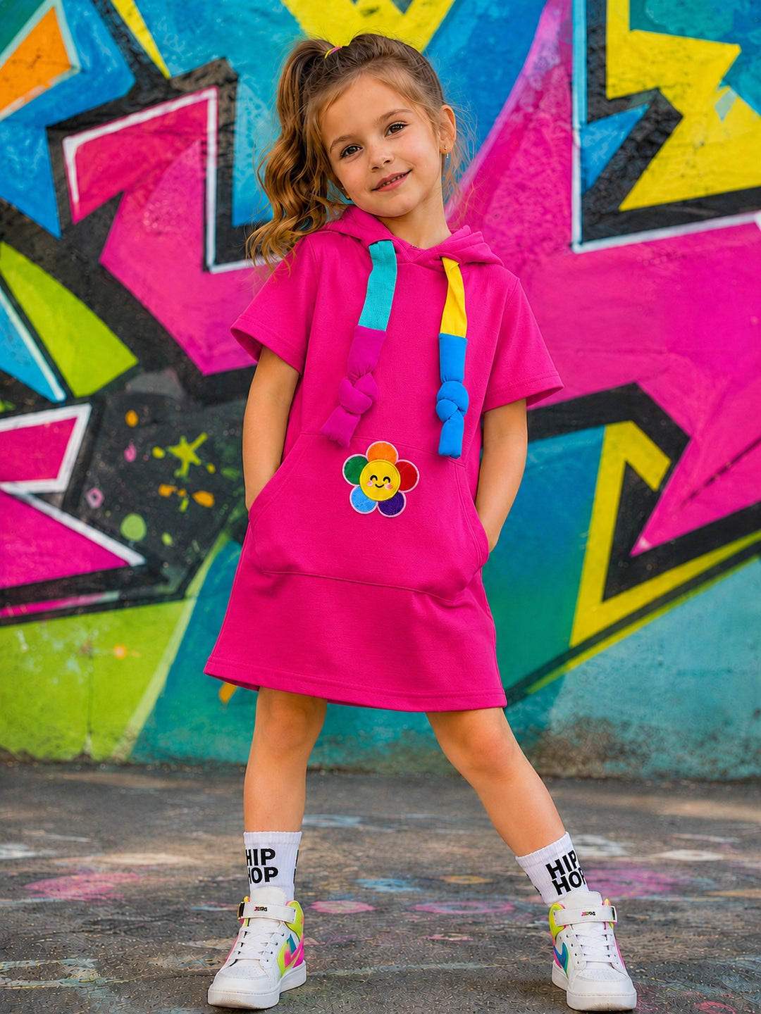 Girls Hot Pink Happy Bloom Hoodie Dress [GD-4145] (3-11 Years)