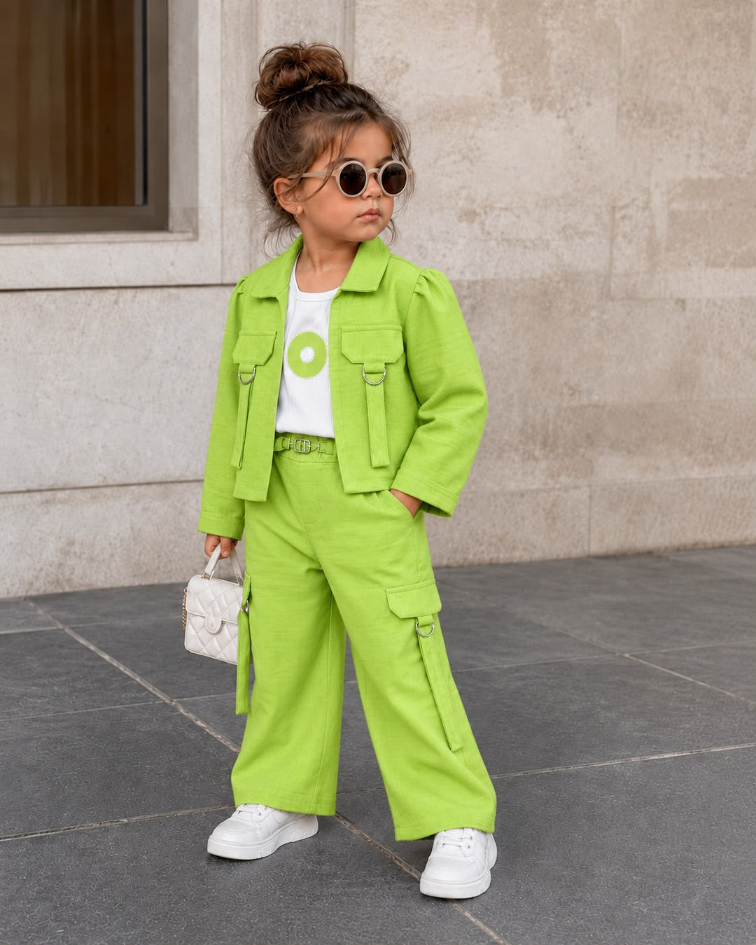 GIRLS 3 PIECE NEON GREEN UTILITY CO-ORD SET [GCS-5123] (1-7Years)