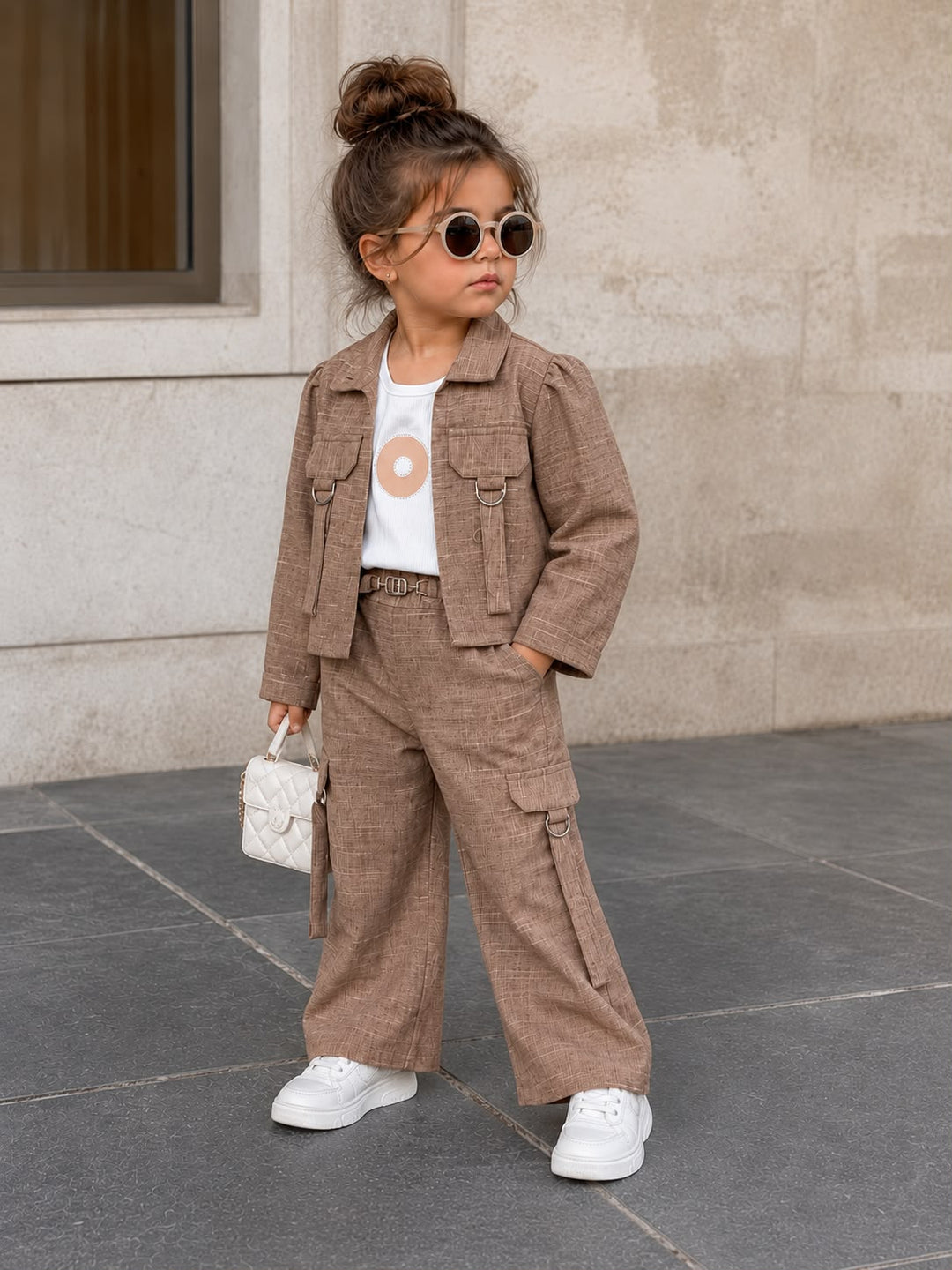 GIRLS 3 PIECE LIGHT BROWN UTILITY CO-ORD SET [2E-8745] (1-7Years)