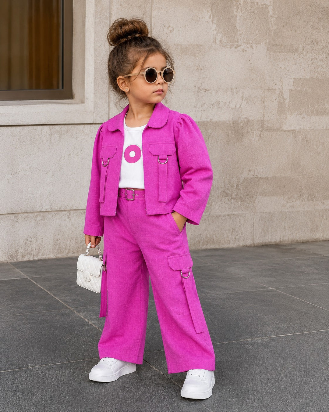 GIRLS 3 PIECE HOT PINK UTILITY CO-ORD SET [1E-4529] (1-7Years)