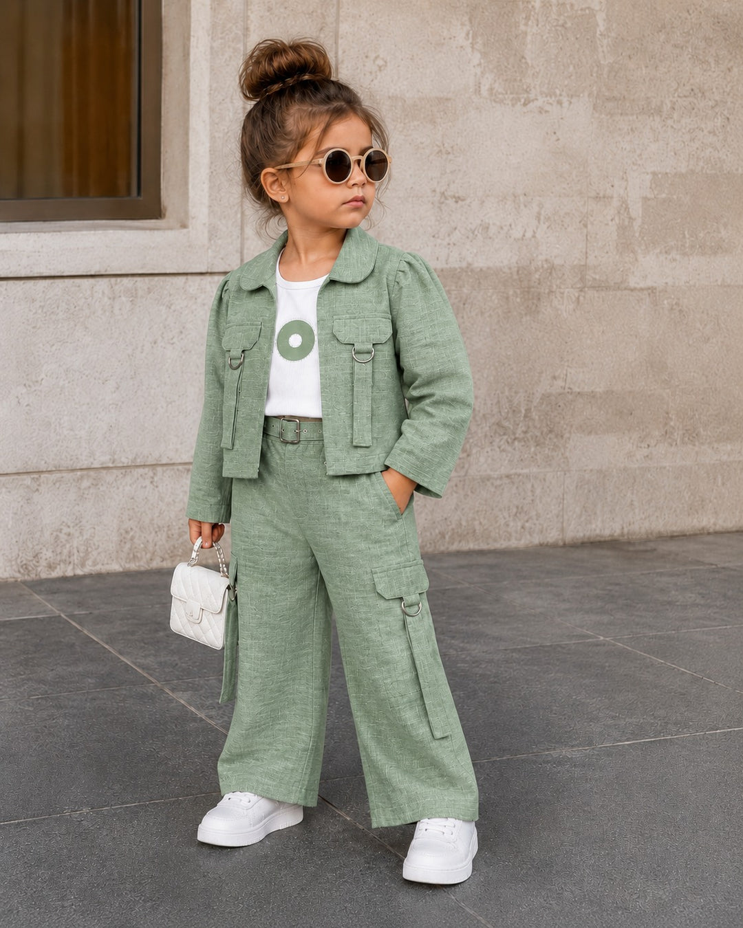 GIRLS 3 PIECE GREEN UTILITY CO-ORD SET [1E-2658] (1-7Years)