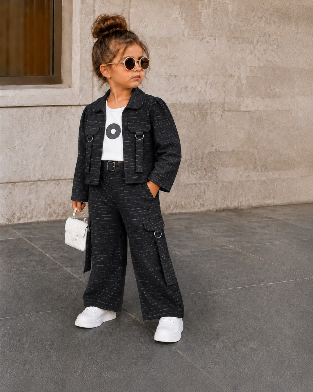 GIRLS 3 PIECE BLACK UTILITY CO-ORD SET [6E-3457] (1-7Years)