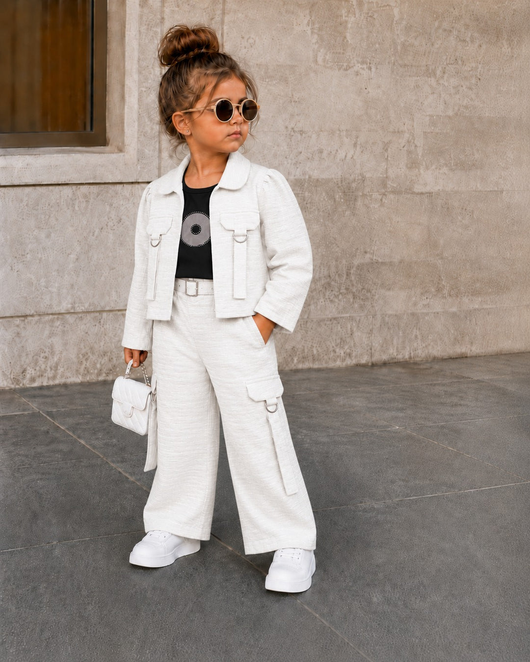 GIRLS 3 PIECE WHITHE UTILITY CO-ORD SET [4E-1271] (1-7Years)