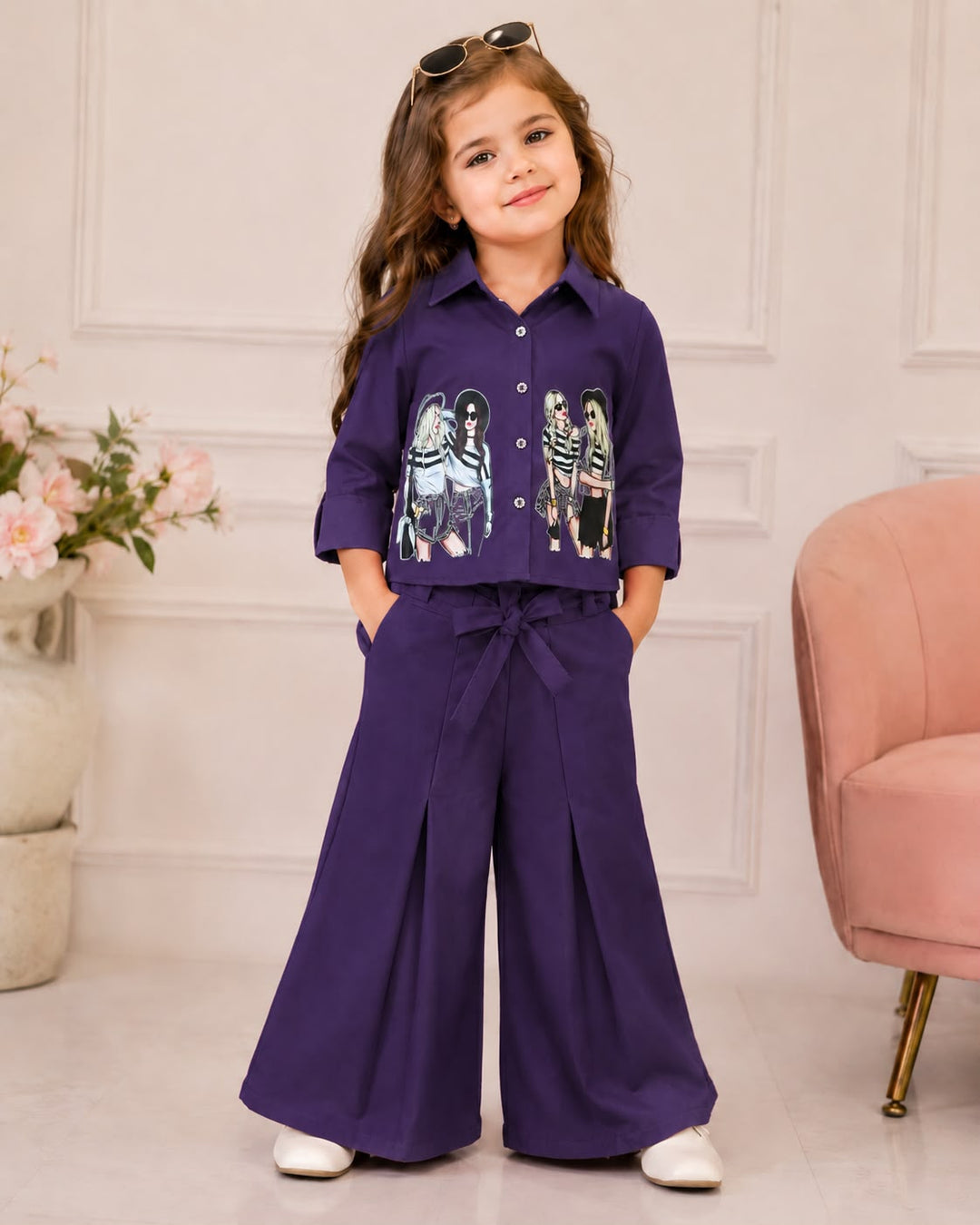Girl's Dark Purple Face Print Co-Ord Set [3J-4158] (4-12 Years)