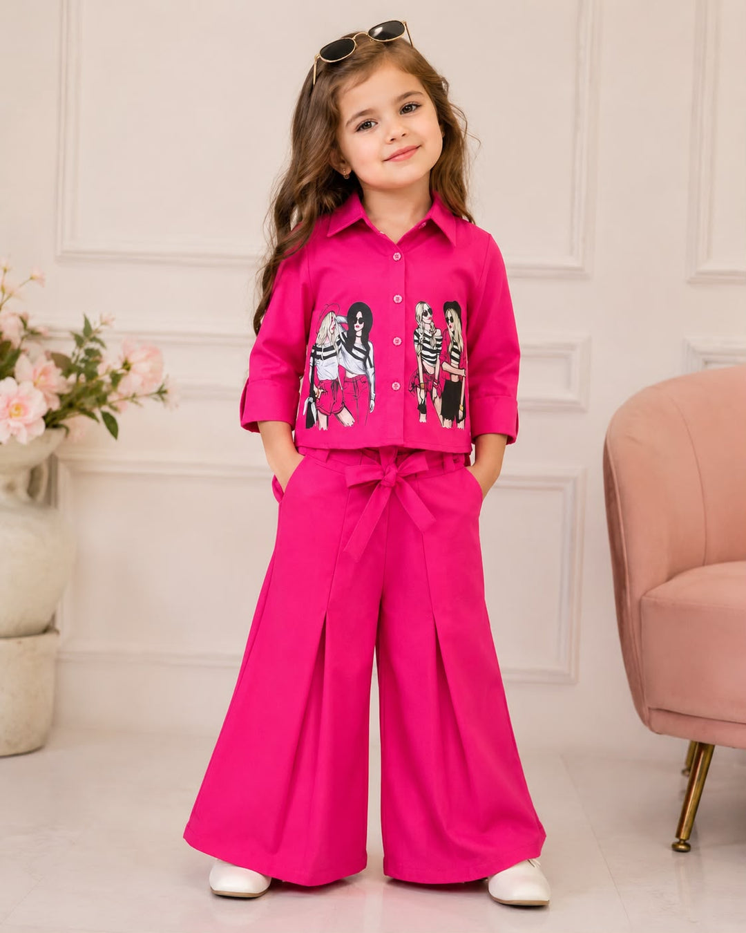 Girl's Hot Pink Face Print Co-Ord Set [3H-4854] (4-12 Years)