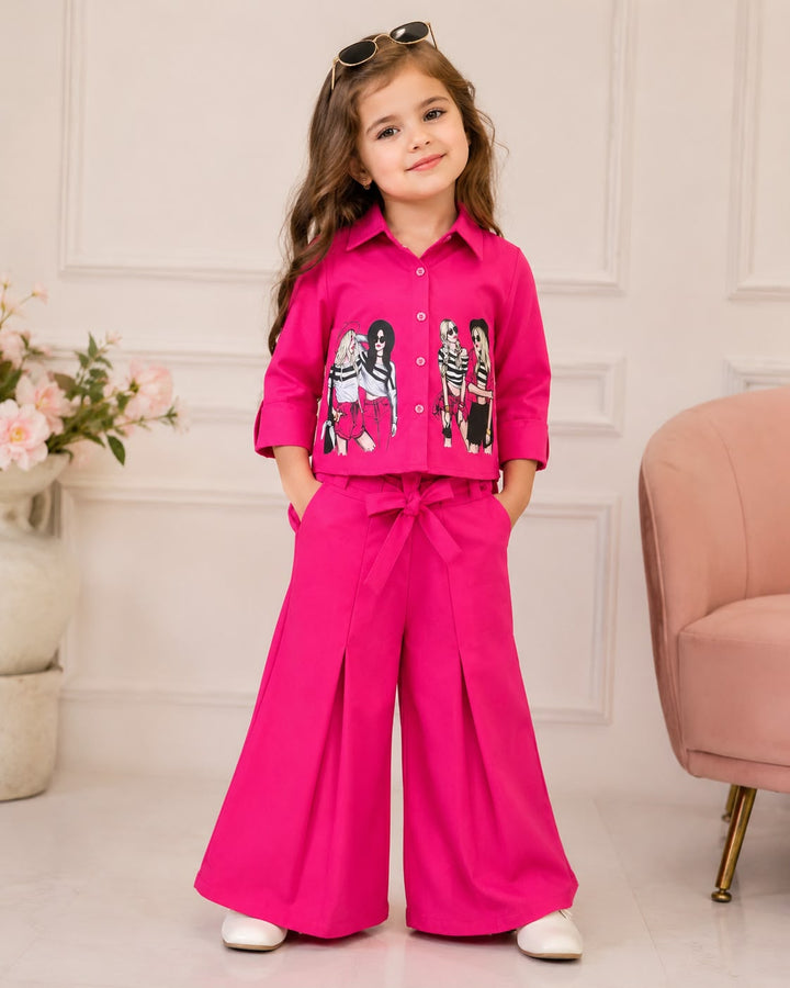 Girl's Hot Pink Face Print Co-Ord Set [3H-4854] (4-12 Years)