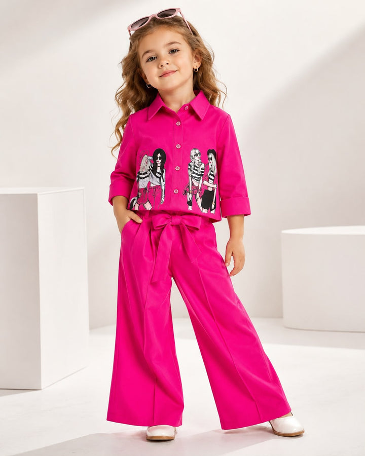 Girl's Hot Pink Face Print Co-Ord Set [3H-4854] (4-12 Years)