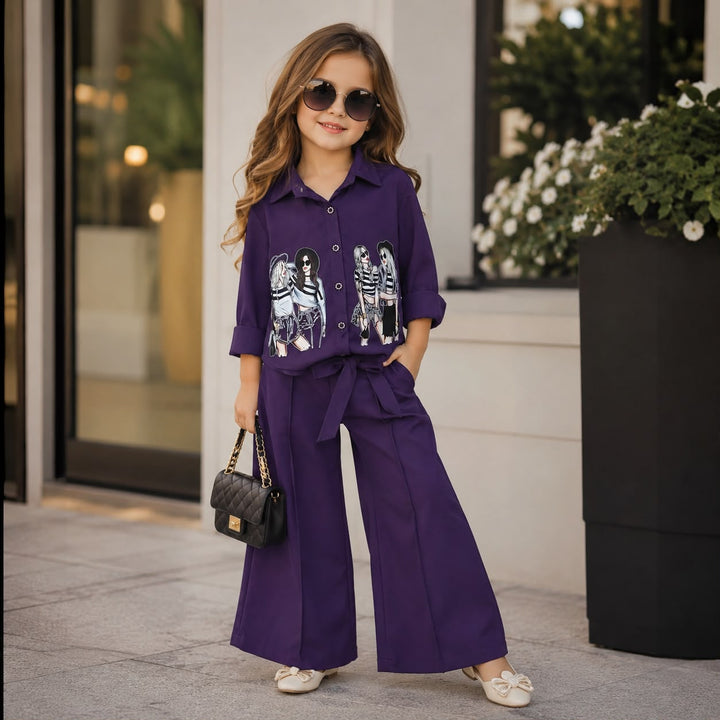 Girl's Dark Purple Face Print Co-Ord Set [3J-4158] (4-12 Years)