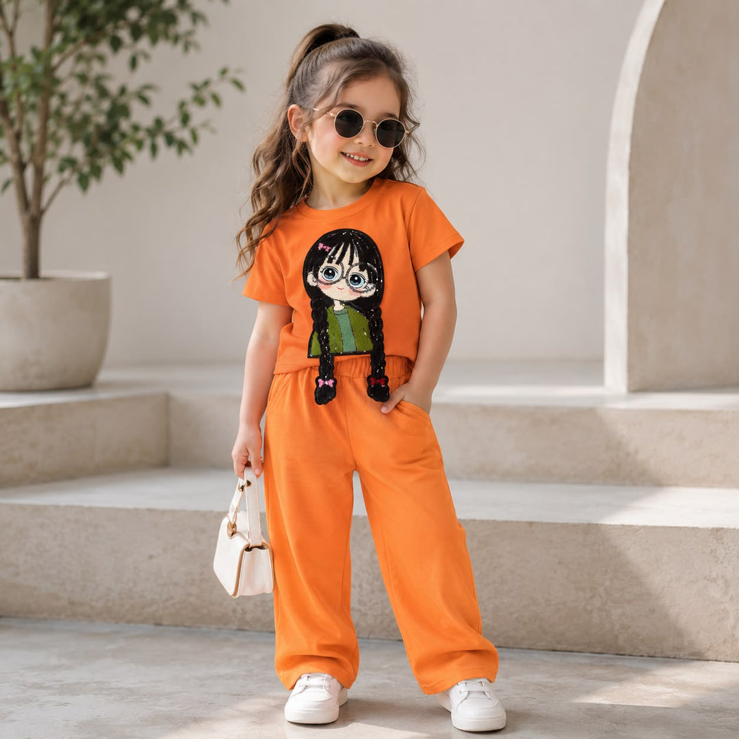 Girls Orange Cartoon Applique Co-Ord Set [2C-4001] (4-12 Years)