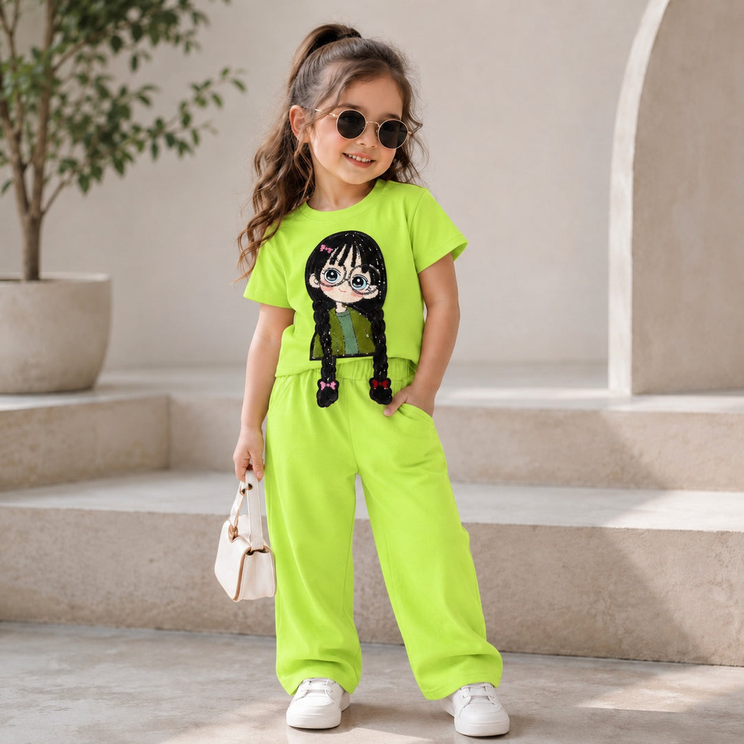 Girls Neon Green Cartoon Applique Co-Ord Set [3C-4562] (4-12 Years)