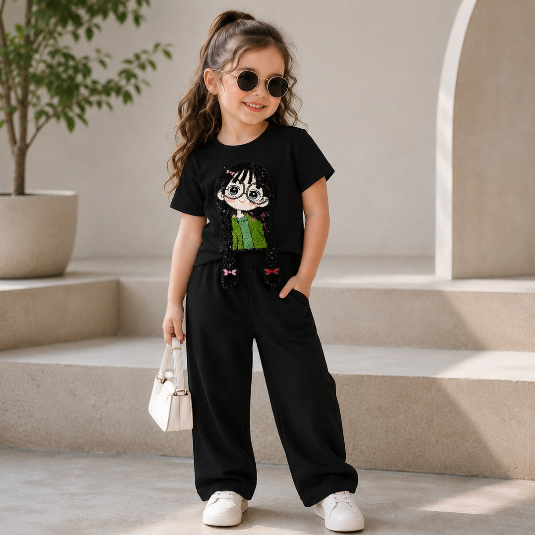 Girls Black Cartoon Applique Co-Ord Set [5C-4712] (4-12 Years)