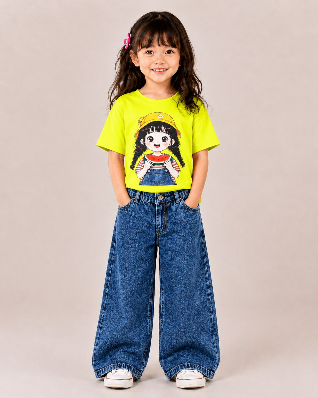 Girls Oversized Yellow Cartoon Tee & Denim Jeans Co-Ord Set [5G-4125] (3-11 Years)