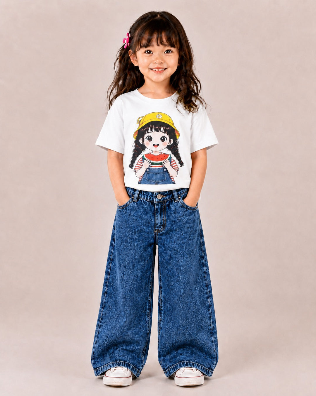 Girls Oversized White Cartoon Tee & Denim Jeans Co-Ord Set [5H-3487] (3-11 Years)