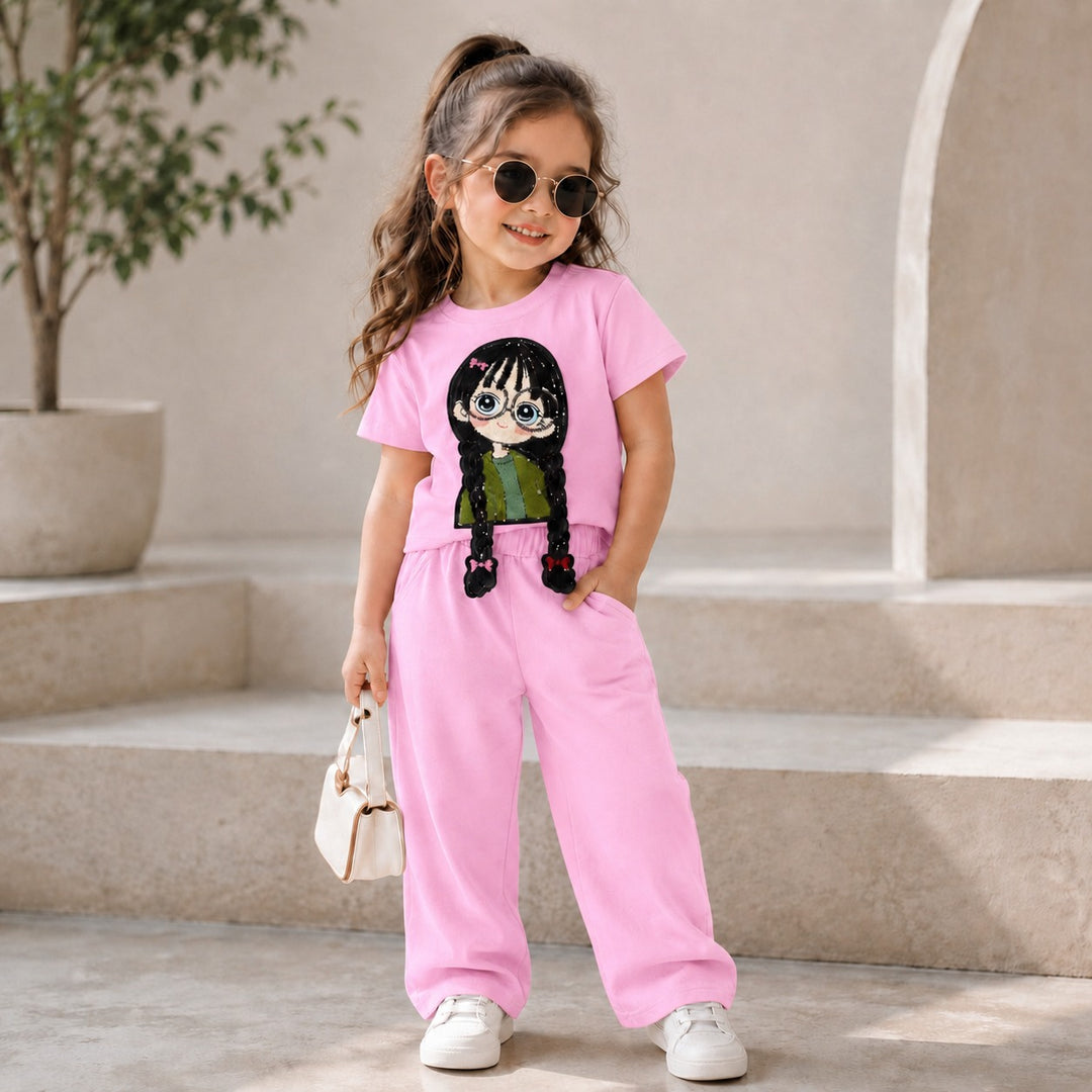 Girls Baby Pink Cartoon Applique Co-Ord Set [1C-4621] (4-12 Years)