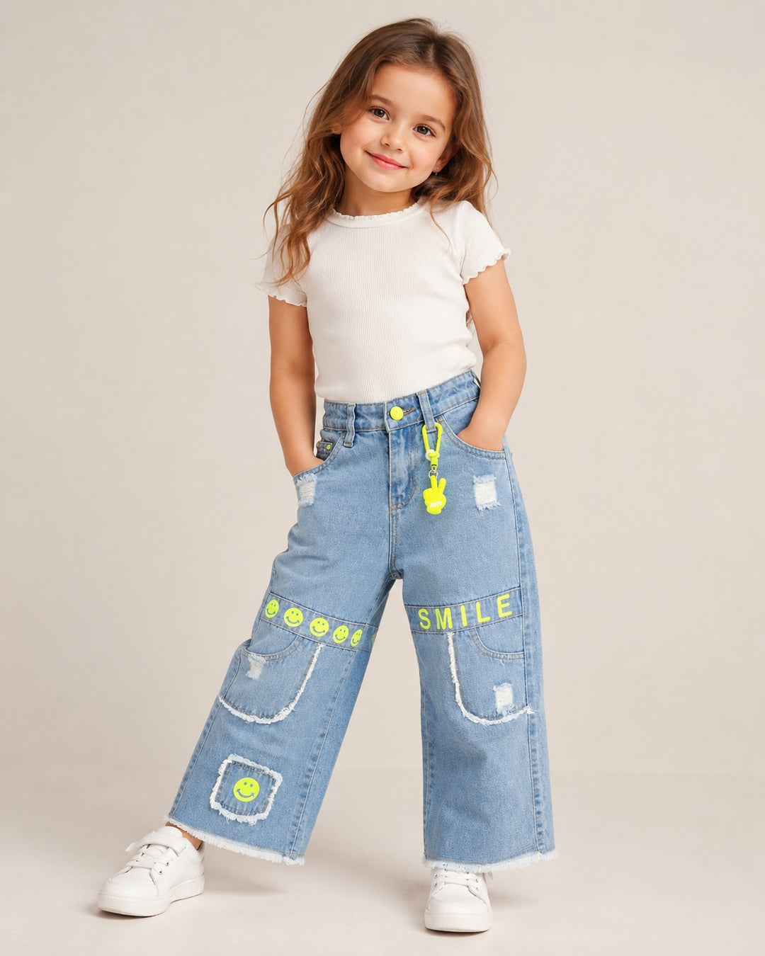 Girls Light Blue Smiley Straight Fit Denim Jeans (Only Jeans) [1D 5241] (6-12Years)