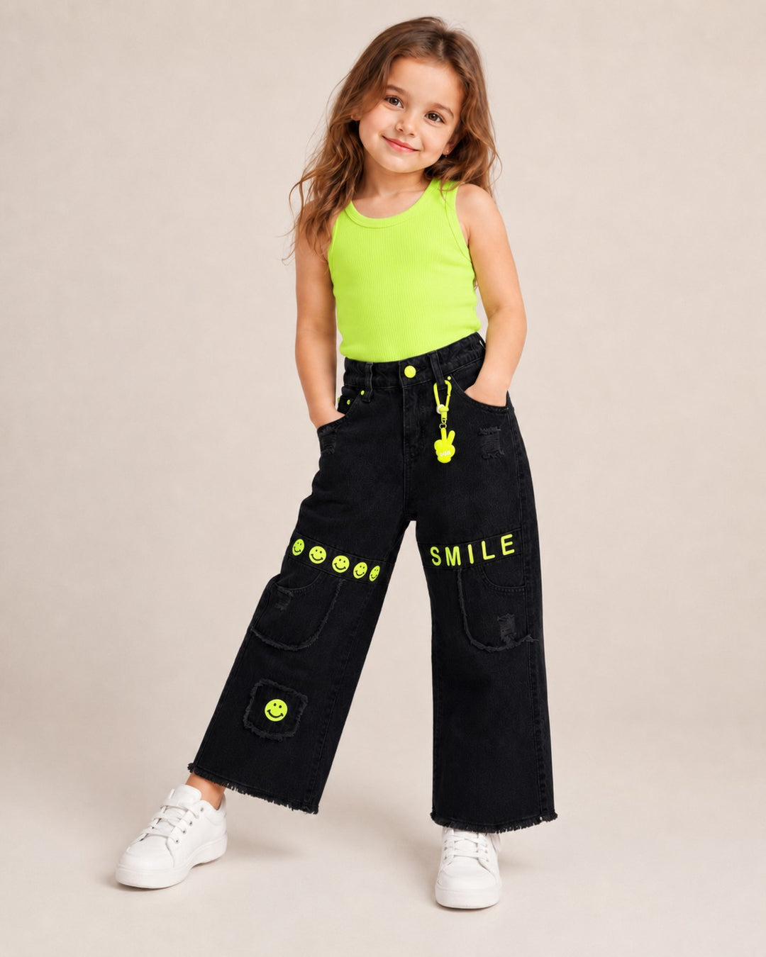 Girls Black Smiley Straight Fit Denim Jeans (Only Jeans) [1D 5268] (6-12Years)