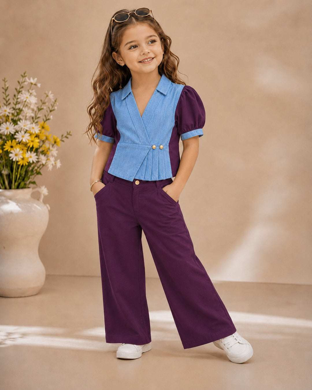 Girls Wine Denim Peplum Co-ord Set [1E-3621](4-12 Years)