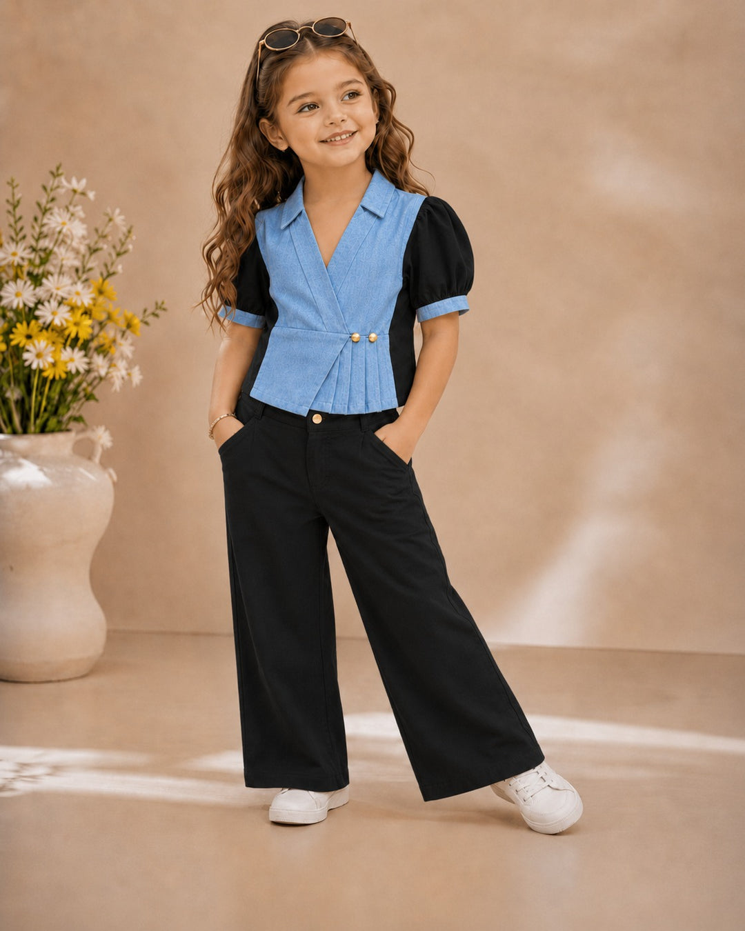 Girls Black Denim Peplum Co-ord Set [1E-4598](4-12 Years)