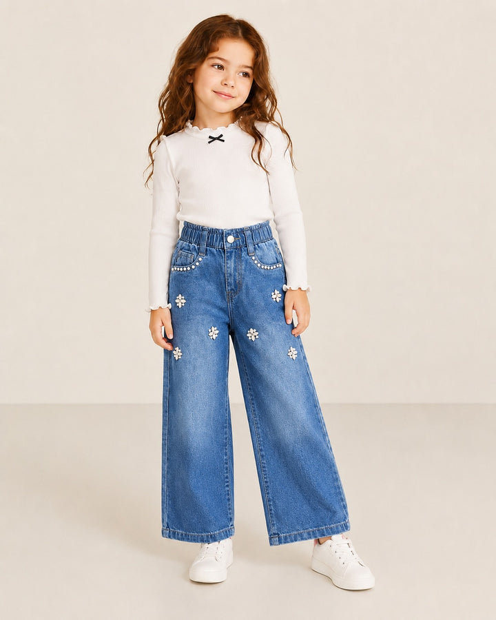 Girls Embellished Medium Blue Denim Jeans (Only Jeans) [5D-2645] (6-12Years)
