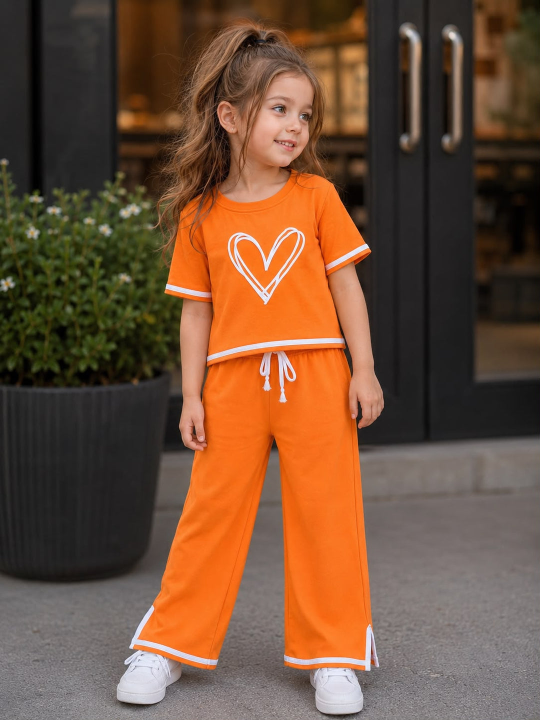 Girls Orange Heart Charm Lounge Co-ord Set [2F-8549] (3-12 Years)