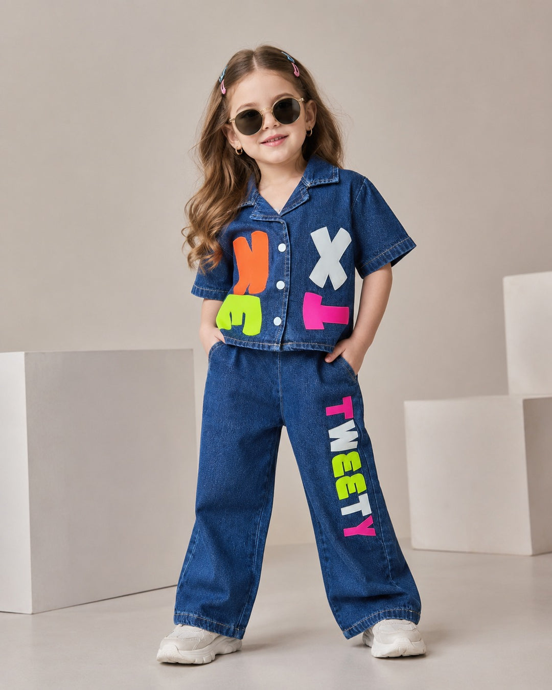 Girl's Medium Blue Denim Co-Ord Set [6G-4104] (4-12Years)
