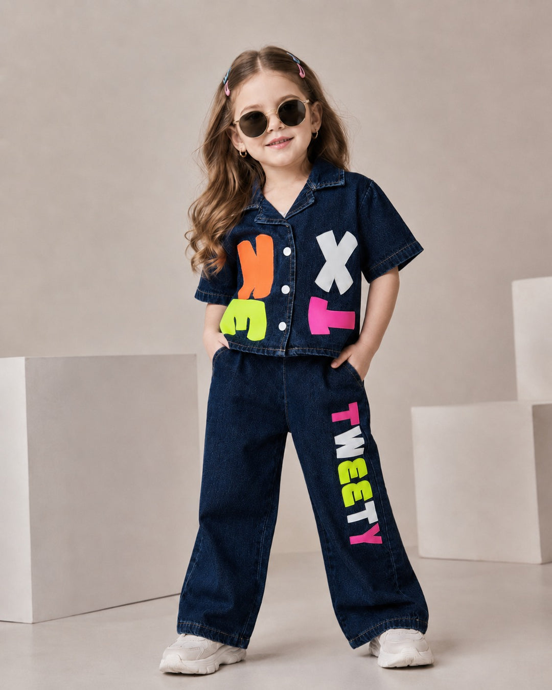 Girl's Dark Blue Denim Co-Ord Set [6G-1298] (4-12Years)