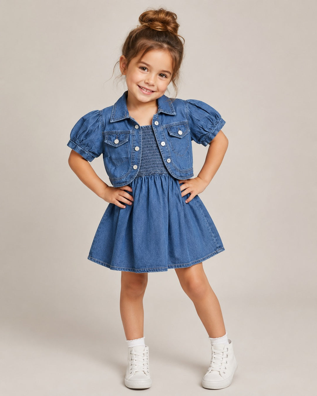 GIRLS MEDIUM BLUE DENIM ONEPIECE WITH JACKET [1B-4570 ] (4-12Years)