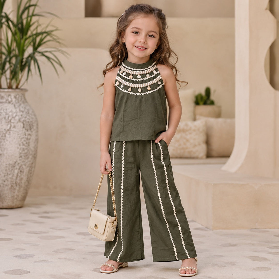 Girl's Summer Mehandi Green Seashell Two-Piece Co-Ord Set [5G-4518] (1-12 Years)