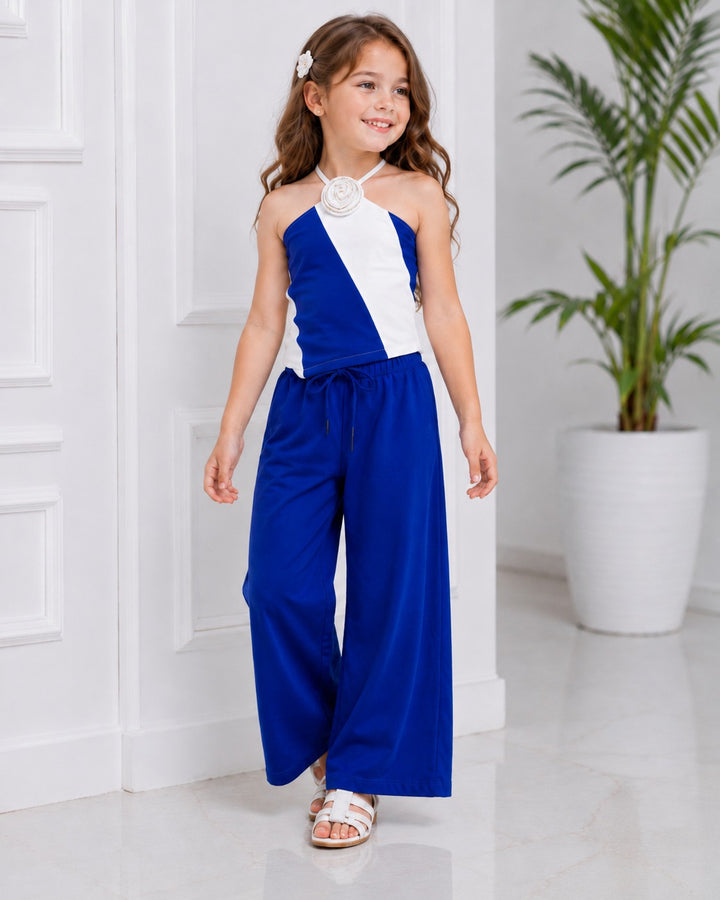 Girls Designer Royal Blue Halter Neck Striped Co-Ord Set [3J-1110] (1-8Years)
