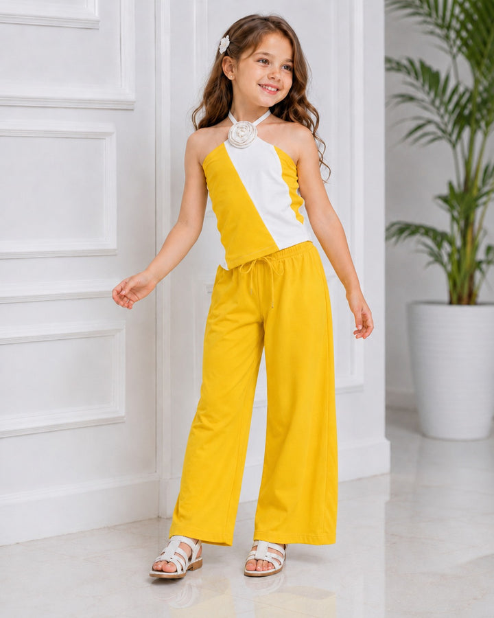Girls Designer Yellow Halter Neck Striped Co-Ord Set [3J-3322] (1-8Years)