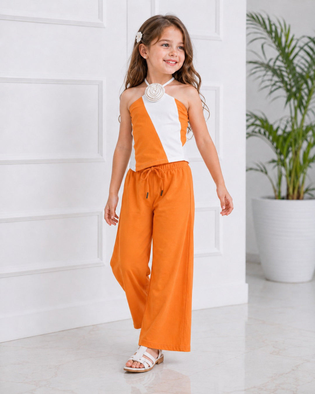 Girls Designer Orange Halter Neck Striped Co-Ord Set [3J-2211] (1-8Years)